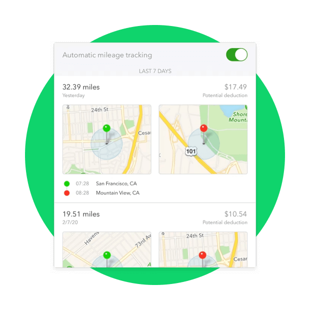 A graphic shows maps and location markers with a running count of miles driven and potential deductions.